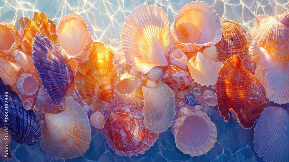 Poster A vibrant collection of seashells floats on shimmering water, showcasing a range of colors and intricate patterns.