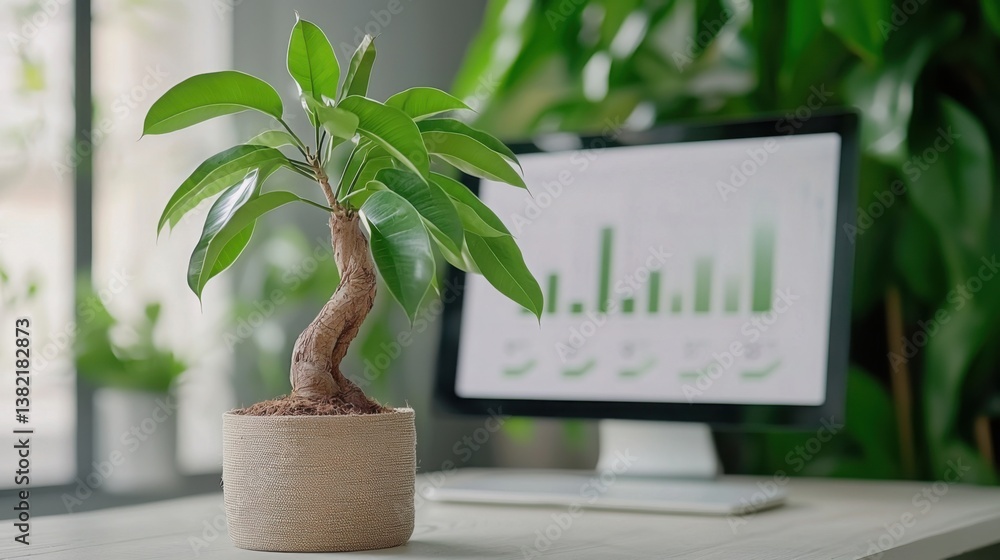 Poster beautiful green plant on a neat desk surrounded by clean infographic elements without any text or ad