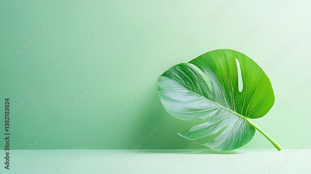 Poster fresh green leaf resting on a white surface creating a clean and inviting aesthetic for an inspiring
