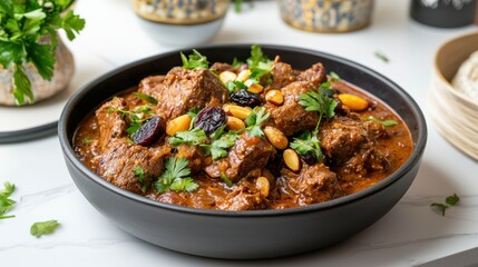 Aromatic Hearty Stew with Tender Meat and Fresh Vegetables in Bowl
