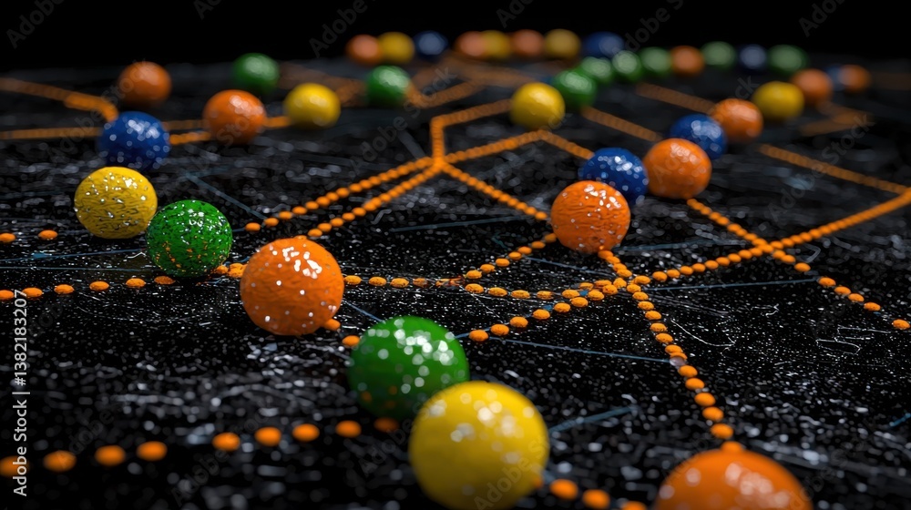 Poster colorful collection of balls and string representing a client onboarding process map in a creative b