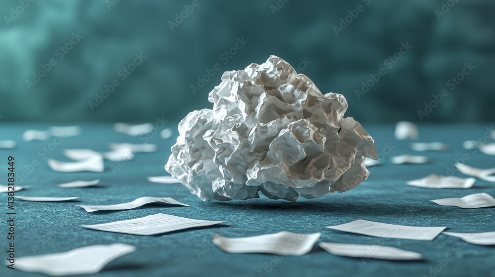 Poster crumpled paper ball representing the chaos of ideas in cloud computing and document management innov