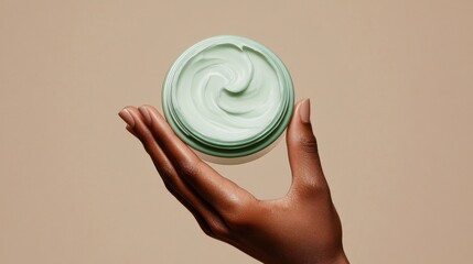 A hand holds a jar of green cream against a neutral background, showcasing a textured, swirled product that suggests skincare or cosmetic use.