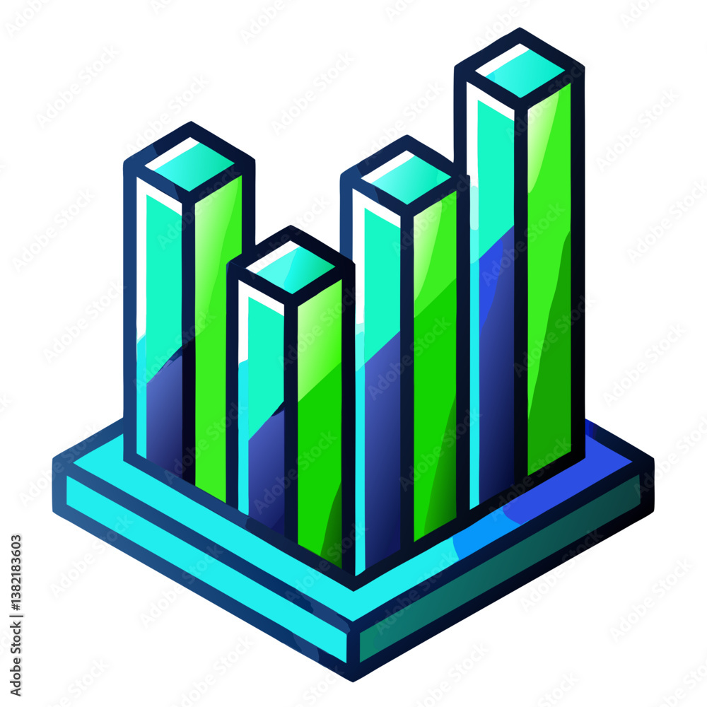 Poster create a vibrant bar graph icon featuring luminous blue and green bars, ideal for data visualization