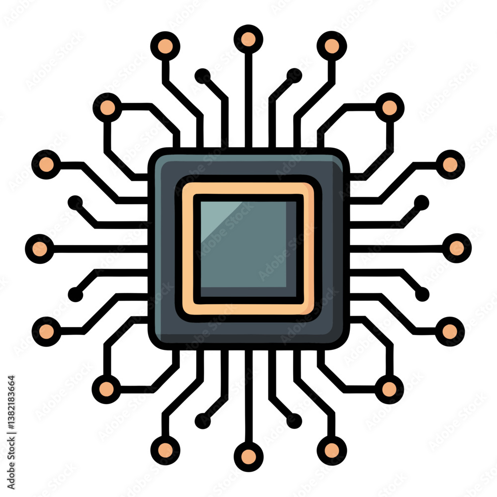 Poster design a minimalist black ai chip icon featuring subtle circuit lines, conveying advanced technology