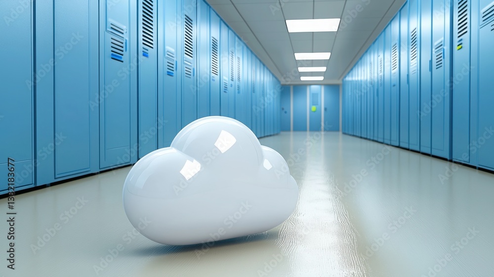 Poster a cloud shaped object in a hallway representing the concept of cloud databases and user interaction 