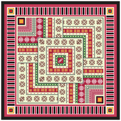 Colorful geometric pattern featuring layered squares, intricate designs in red, green, and cream, with bold black and pink borders.