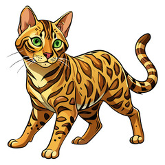 A stunning Bengal cat, showcasing its rich golden fur and distinctive dark rosettes.  Close-up, detailed image highlighting its coat pattern.