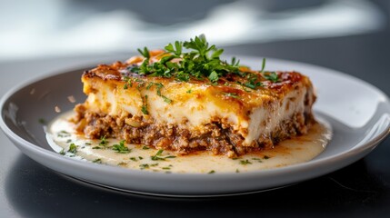 Delicious Plate of Savory Meat and Creamy Cheese with Fresh Herbs Appearing