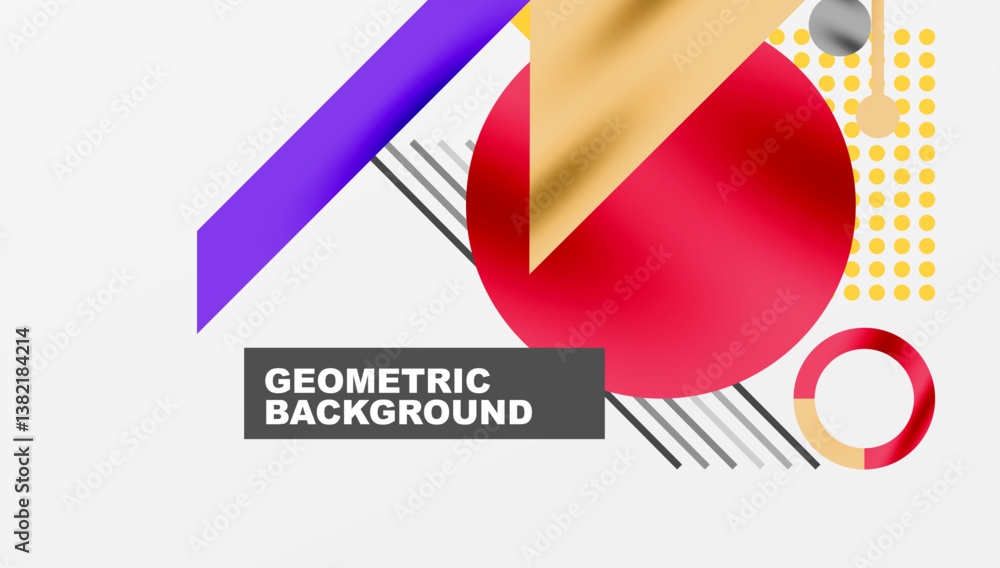 Poster abstract geometric composition. red circle overlaps gold rectangle. purple stripe, white lines creat
