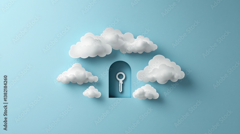 Poster cloud shaped like a key symbolizing security and access control with a keyhole icon in digital cloud