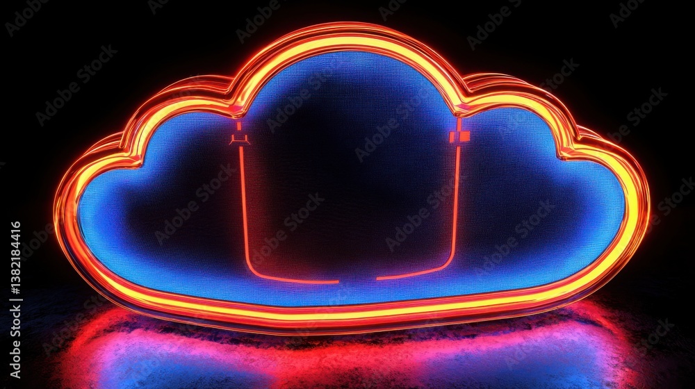 Poster neon cloud representing cloud shield and server security in a modern digital environment focused on 
