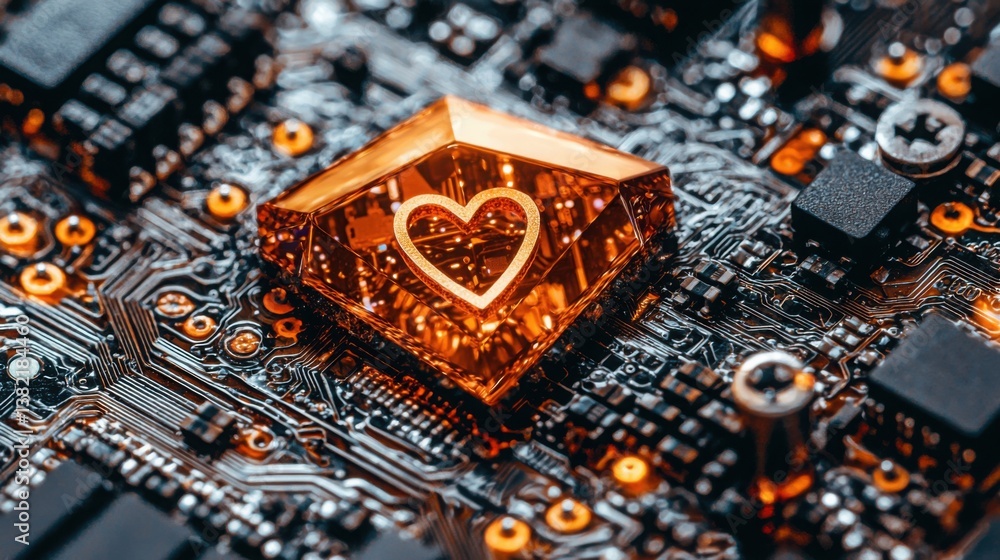 Poster symbolic heart on a computer chip representing love and technology merging in a beautiful and unique