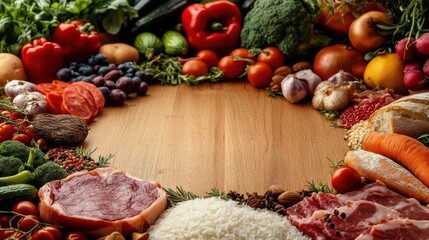 A vibrant arrangement of fresh vegetables, fruits, and meats surrounds a wooden surface, showcasing a colorful display of ingredients ready for cooking.
