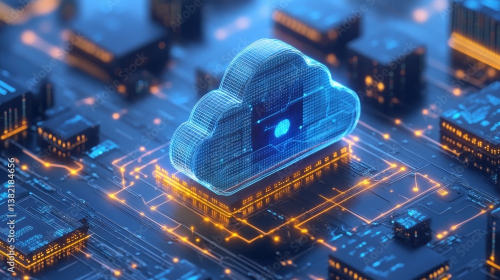 Poster a digital representation of a cloud symbol above a circuit board, illustrating advanced technology a
