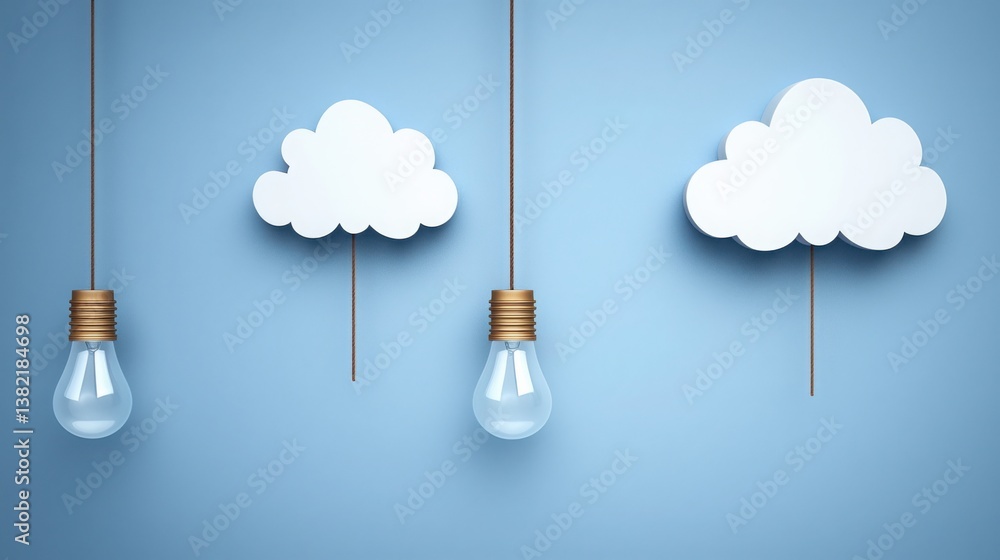 Poster a creative scene featuring a light bulb and a cloud hanging from a string in an imaginative setting