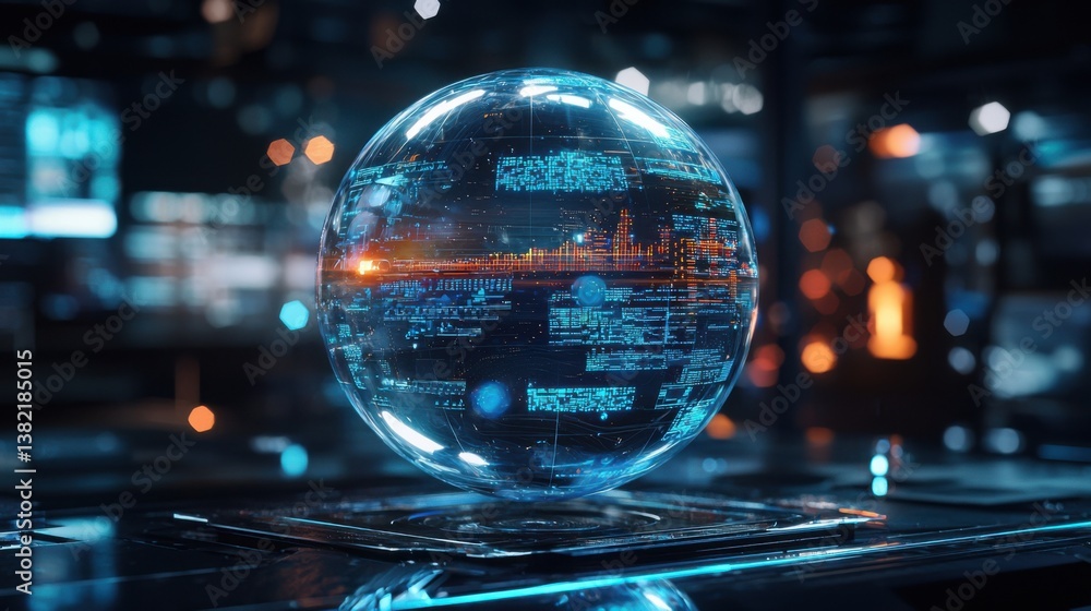 Poster a futuristic, glowing orb displays intricate data patterns and digital elements, set against a high-