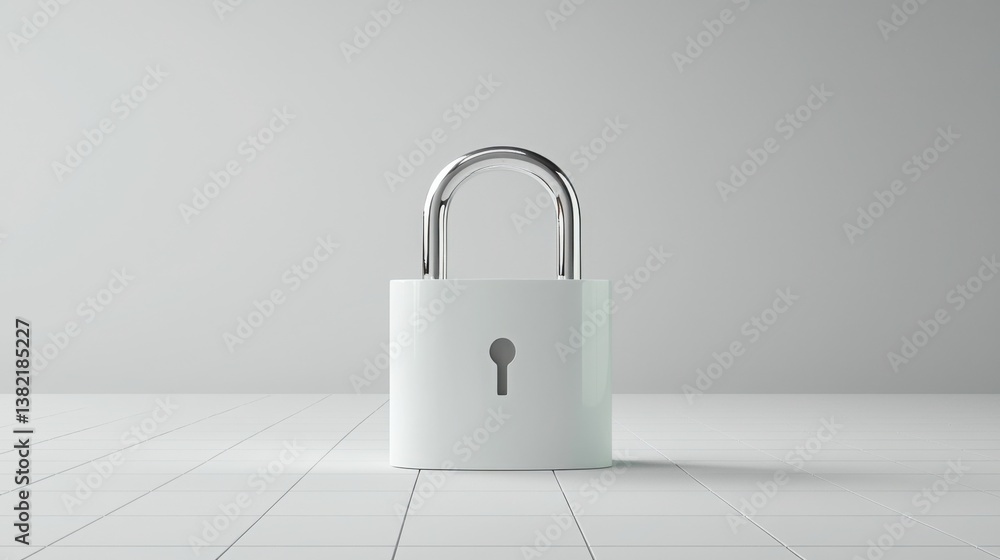Poster padlock on white floor illustrating cybersecurity lock and data grid for protecting digital informat