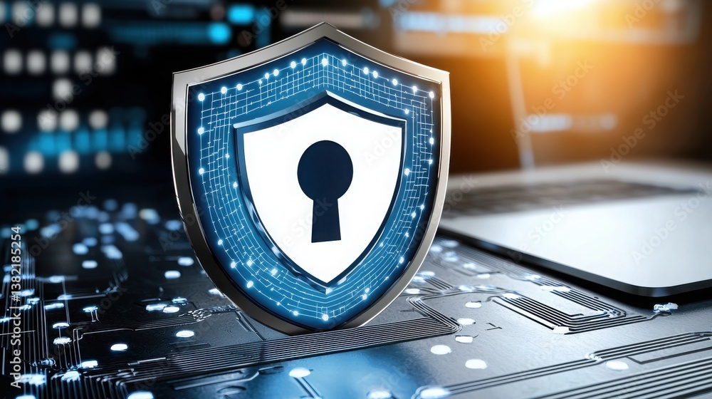 Poster computer displaying cybersecurity shield symbolizing network protection and digital safety in the mo