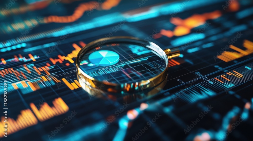 Poster a magnifying glass focuses on a digital graph, representing data analysis and financial insights in 