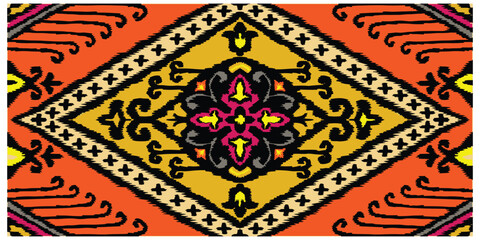 Repeat Intricate red and beige traditional rug pattern with diamond shapes and floral motifs, it could be used as a wallpaper, fabric design, pillow cover, curtains or other decorative elements 