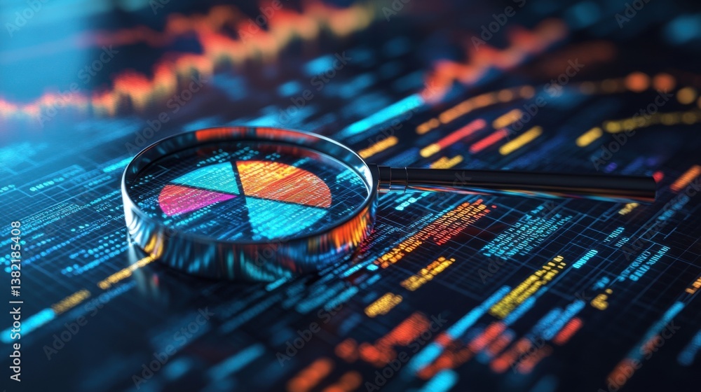 Poster a magnifying glass over colorful data charts on a digital interface, symbolizing analysis and financ
