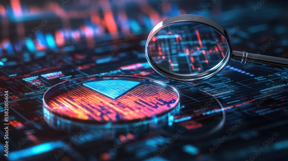 Poster a magnifying glass focuses on a digital interface displaying colorful data visualizations and graphs
