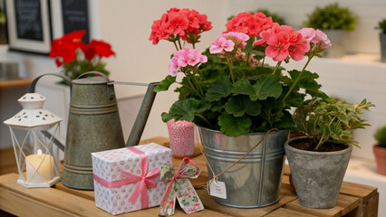Fototapeta premium Delicate Geranium Flowers and Gifts on a Patio in the Rain