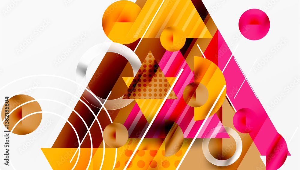 Poster Abstract geometric composition. Overlapping shapes, circles, triangles, lines create dynamic visual experience. Warm color palette dominates design.