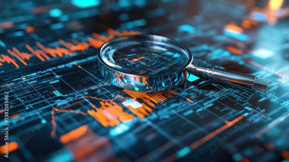 Poster a close-up view of a magnifying glass on a digital data interface, showcasing vibrant graphs and pat