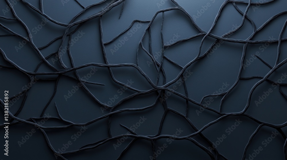 Poster wall with numerous wires forming complex network resembling tree branches in modern technical enviro