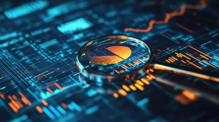 A futuristic digital interface featuring a magnifying glass over a data visualization, showcasing vibrant graphs and analytics in blue and orange hues.