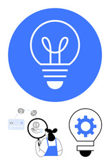 Large lightbulb signifying ideas, person analyzing financial data with magnifying glass, smaller icon of lightbulb with cog. Ideal for business strategy, creativity, innovation, financial analysis