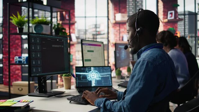 Call center employee using artificial intelligence chatbot to provide multilingual support to customers. Customer support operator leveraging AI tools to translate clients interactions, camera B