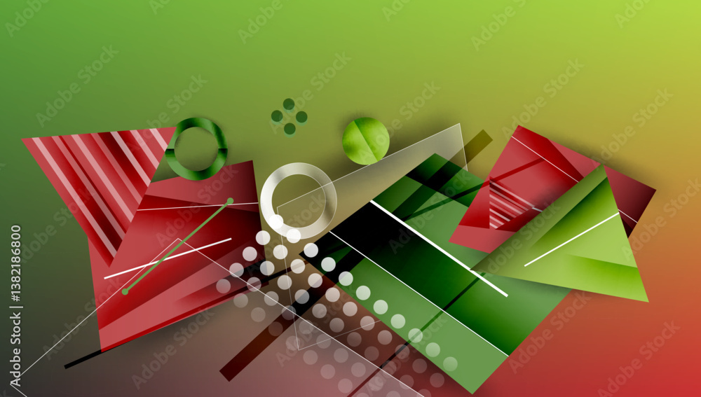 Aufkleber Abstract composition. Red, green shapes overlap. White lines, circles create dynamic visual effect. Gradient background adds depth. Modern design.