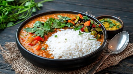 Warm and Nourishing Bowl of Soup with Rice and Fresh Colorful Vegetables