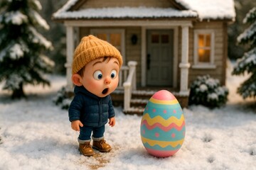 Surprised Jumbo-Headed Child Finding Giant Easter Egg on Snowy Porch – Miniature 3D Diorama in Realistic Tilt-Shift Style