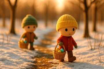Miniature Easter Park Path with Jumbo-Headed Characters Carrying Egg Baskets – Tilt-Shift Snowy Spring 3D Diorama in Realistic Style