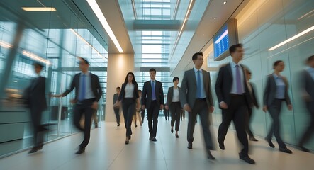 City Rush: A dynamic image of a group of well-dressed professionals in a bustling urban environment, with a blur effect to enhance the impression of movement and energy.