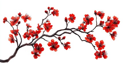 Photo of bright red cherry blossoms on a branch in spring, isolated on white background.