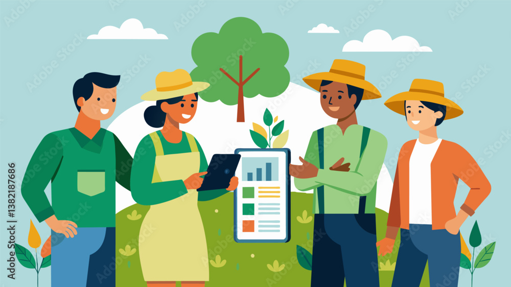 Poster a group of farmers huddle around a tablet comparing realtime weather data with historical trends to 