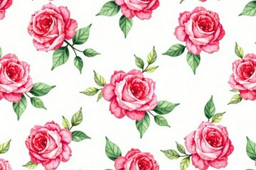Fototapeta premium Delicate watercolor roses & leaves, repeat pattern, flower, pink, blossom