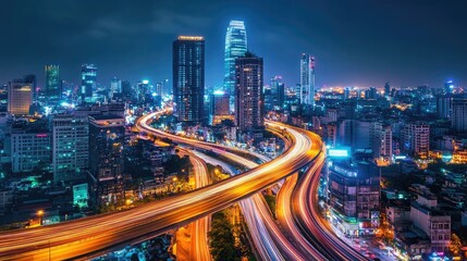 A nighttime photo of high-speed lights on a curved highway, with state-of-the-art motion blur, shows cutting-edge technology.
