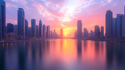 Fototapeta premium A breathtaking sunrise paints the modern cityscape with vibrant pink and orange hues reflecting beautifully on the calm water.