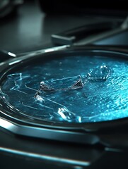 Obraz premium Shards of fractured glassy texture, glowing aqua and sapphire toned
