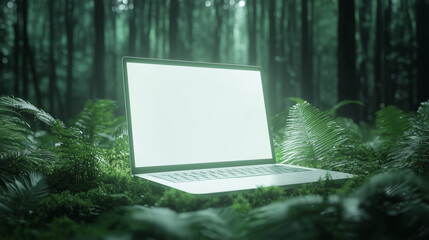 Digital Haven: Laptop Embraced by Forest: A sleek laptop, its screen glowing with digital light, nestles amidst vibrant green vegetation in a serene forest environment.