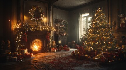 Fototapeta premium A cozy, festive living room adorned with Christmas decorations, a glowing fireplace, and a beautifully lit tree surrounded by wrapped gifts.