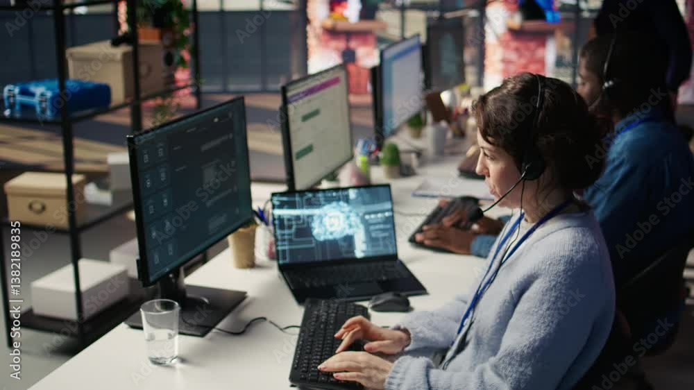 Poster call center worker in office uses ai llm assistant to reply to customer queries. woman doing custome