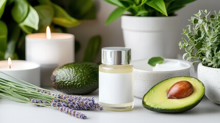 Elegant Perfume Bottle Displayed Next to Fresh Green Avocado Slice