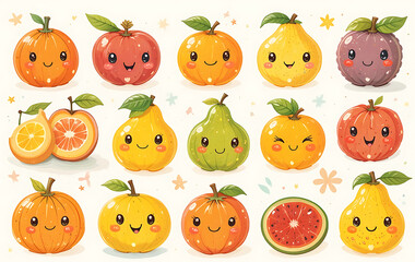 A colorful assortment of fruit, each piece adorned with playful, expressive faces, showcasing a variety of emotions, from happy and surprised to cheeky and curious.